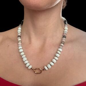 Hand knotted opal necklace with spotted jasper and onyx hearts 18kt gold plated